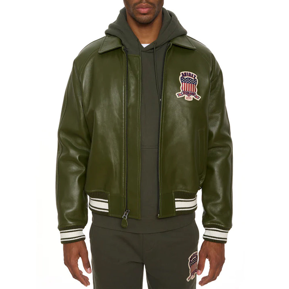 Men's Olive Varsity Bomber Avirex Leather Jacket