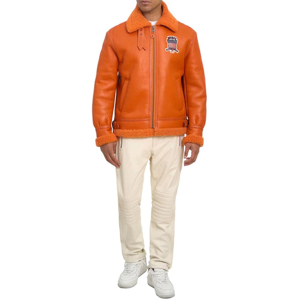 Men Orange Shearling Avirex Leather Jacket