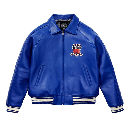 Blue leather jacket with a brand logo on a white background