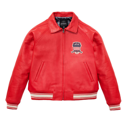 Red leather jacket with a brand logo on a white background