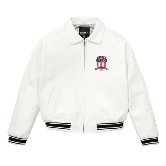 White jacket with black trim and a logo on a white background