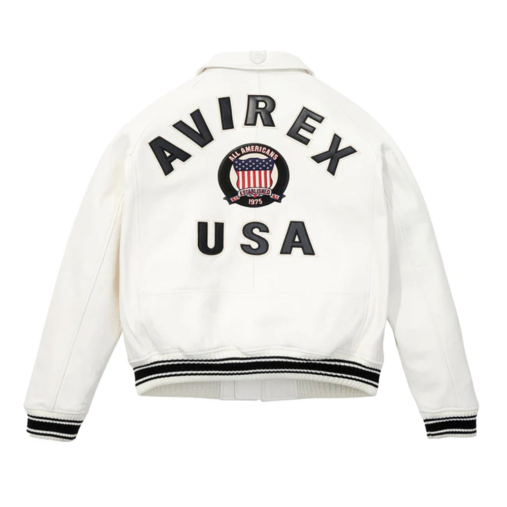White jacket with 'Avirex USA' branding on a white background