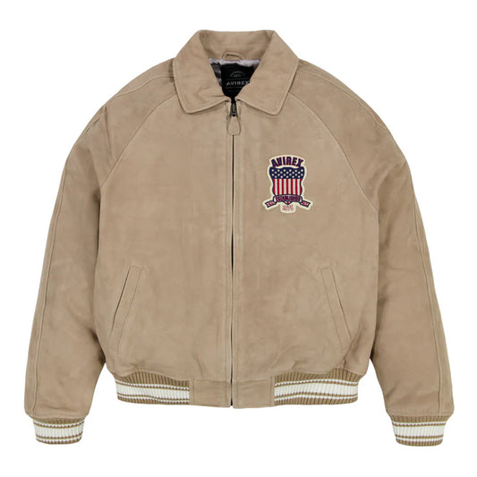 Beige jacket with a logo on the chest against a white background