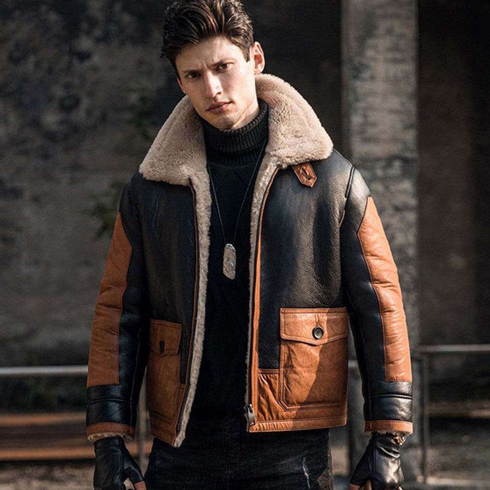 Two-Tone Sheepskin Winter B3 Bomber Leather Jacket