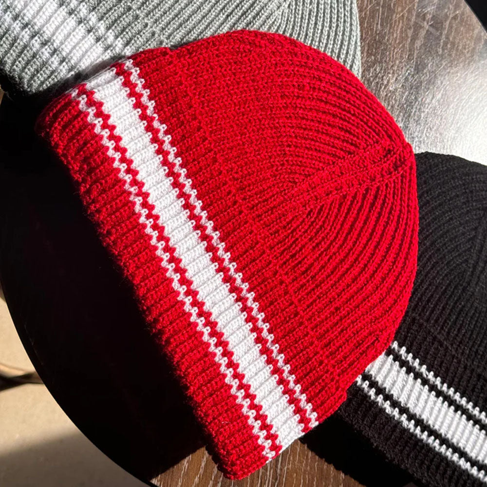 white stripes Red Beanie Cap