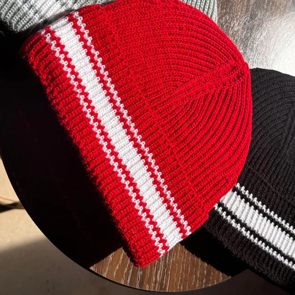 Black unisex Beanie Cap with White Stripes