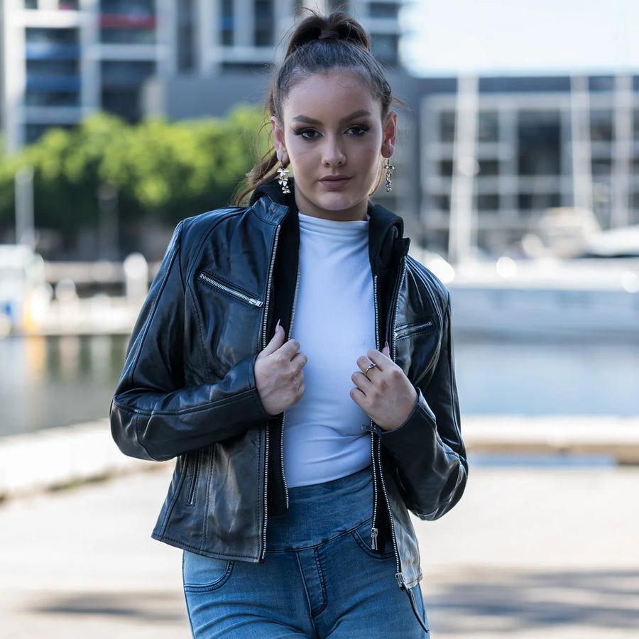Women's black hooded motorcycle leather jacket with racing-inspired styling