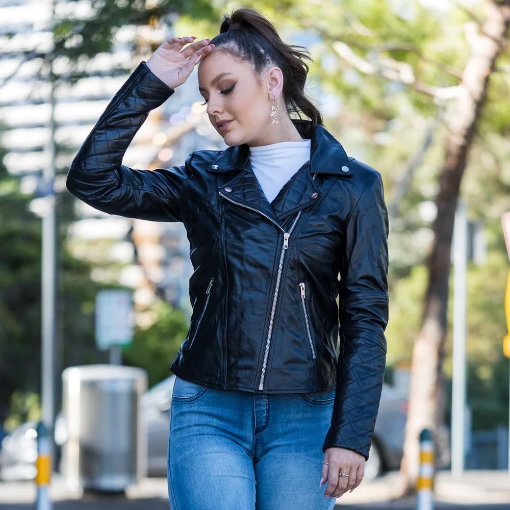 Black Sheepskin Motorcycle Aviator Biker Leather Jacket For Women