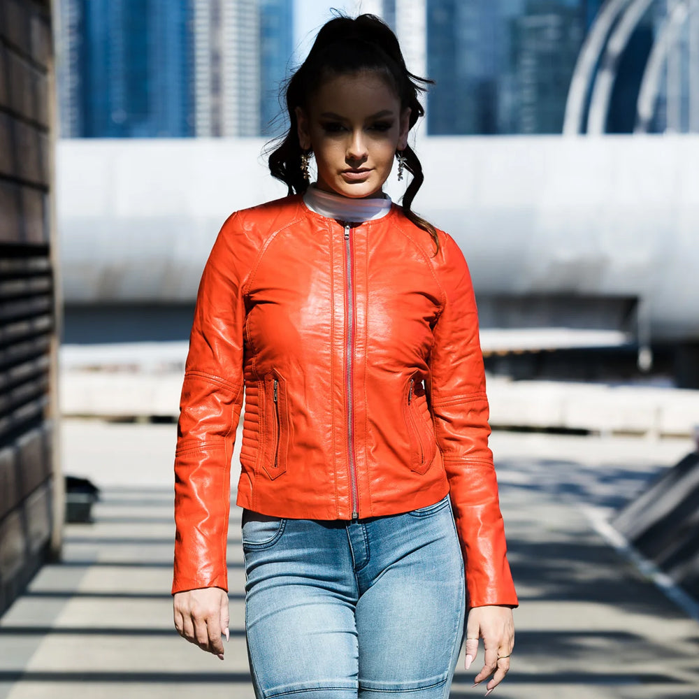 New Cafe Racer Sheepskin Biker Orange Motorbike Leather Jacket For Women