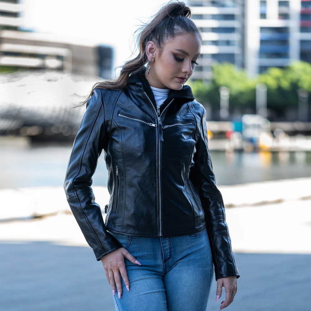 Women's Black Hooded Racing Aviator Motorbike Leather Jacket