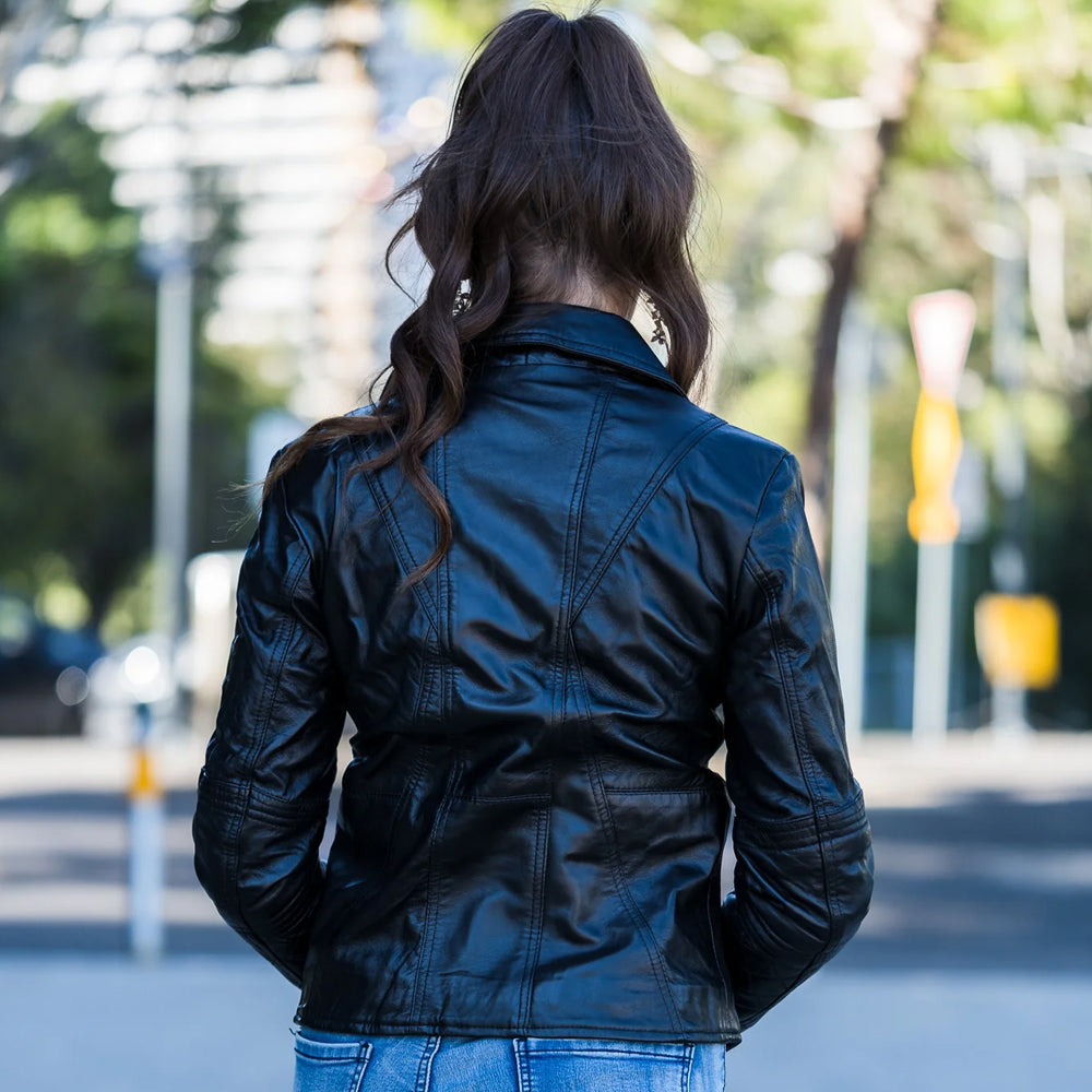 Black Sheepskin Motorcycle Aviator Biker Leather Jacket For Women