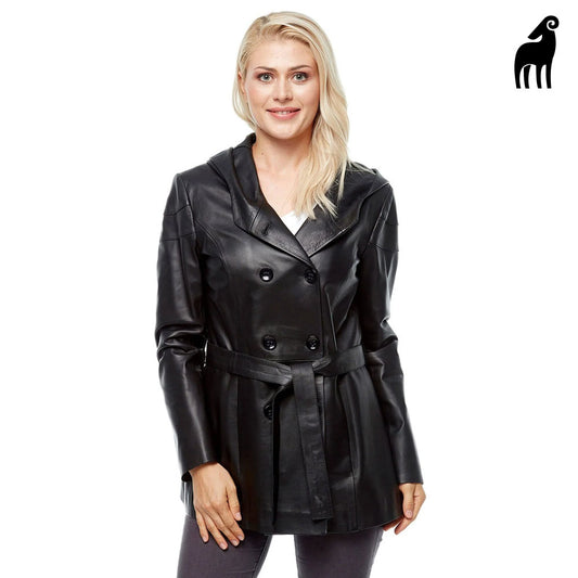 Women's Black Superior Quality Sheepskin Belted Hooded Leather Trench Coat