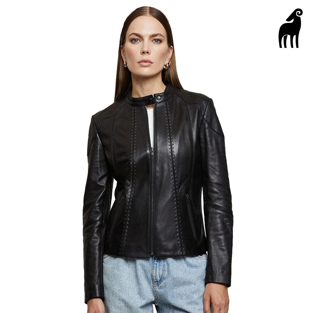 Black Sheepskin Cropped Length Biker Leather Jacket For Women