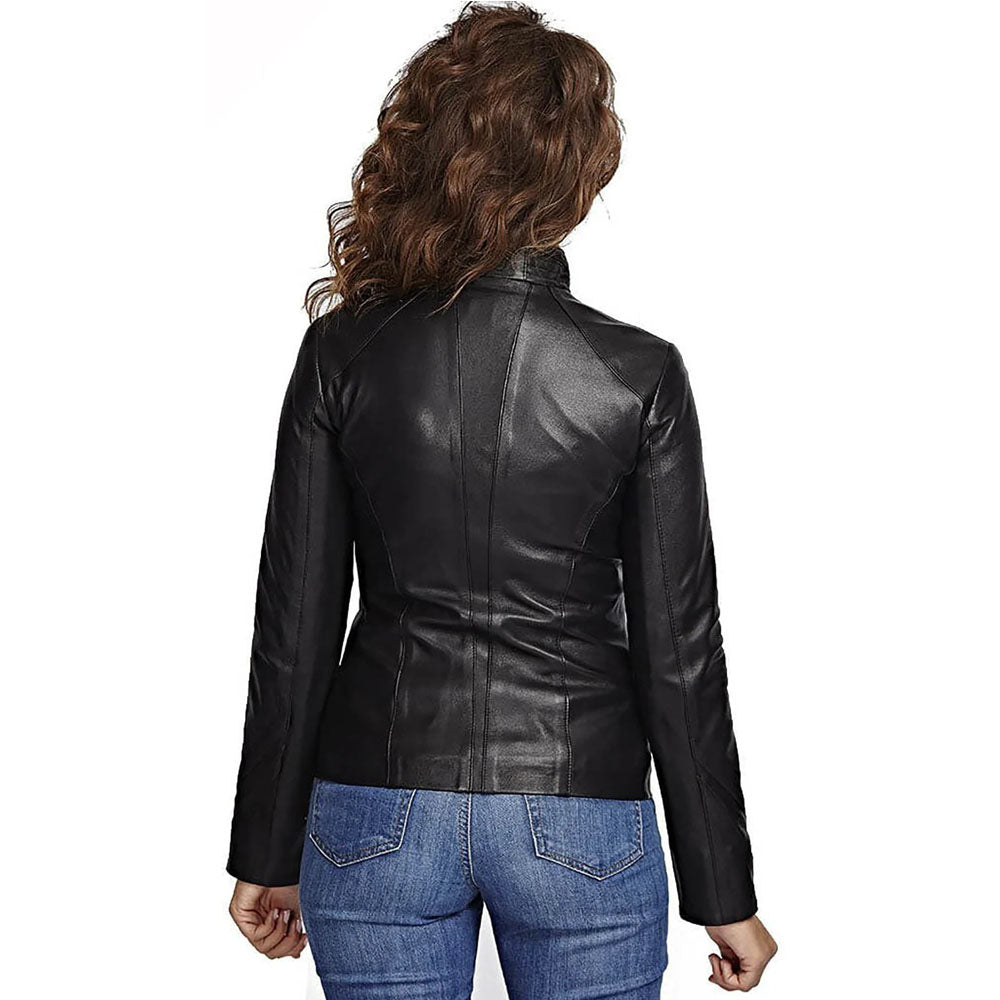 Black Moto Slim-Fit Real Lambskin Leather Jacket For Women