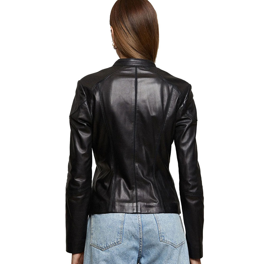 Sheepskin Cropped Length Biker Leather Jacket For Women