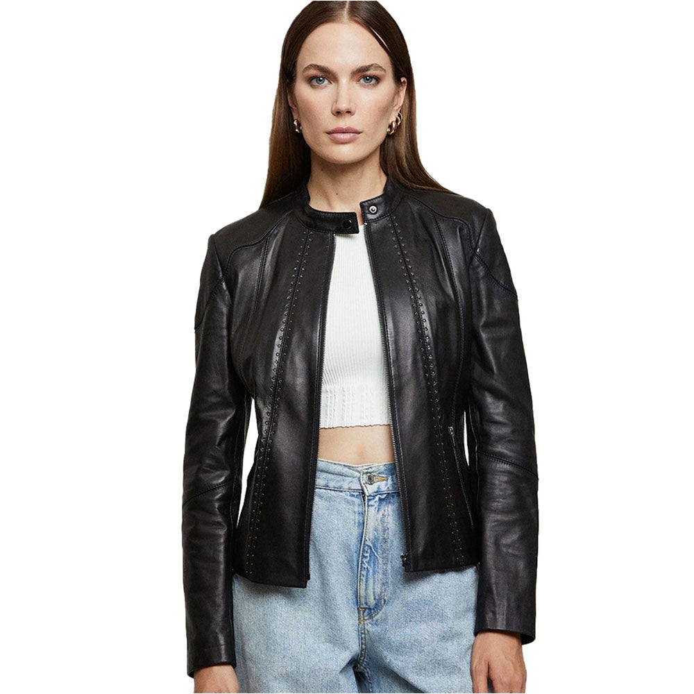 Black Sheepskin Cropped Length Leather Jacket For Women