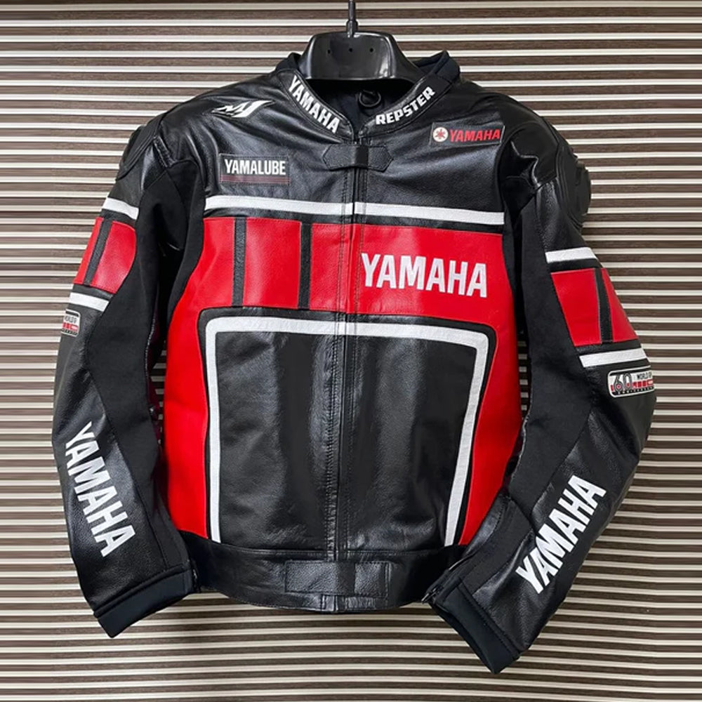 Front view of Black Yamaha Racing Motorcycle Leather Jacket with premium leather and racing design