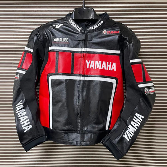 Front view of Black Yamaha Racing Motorcycle Leather Jacket with premium leather and racing design