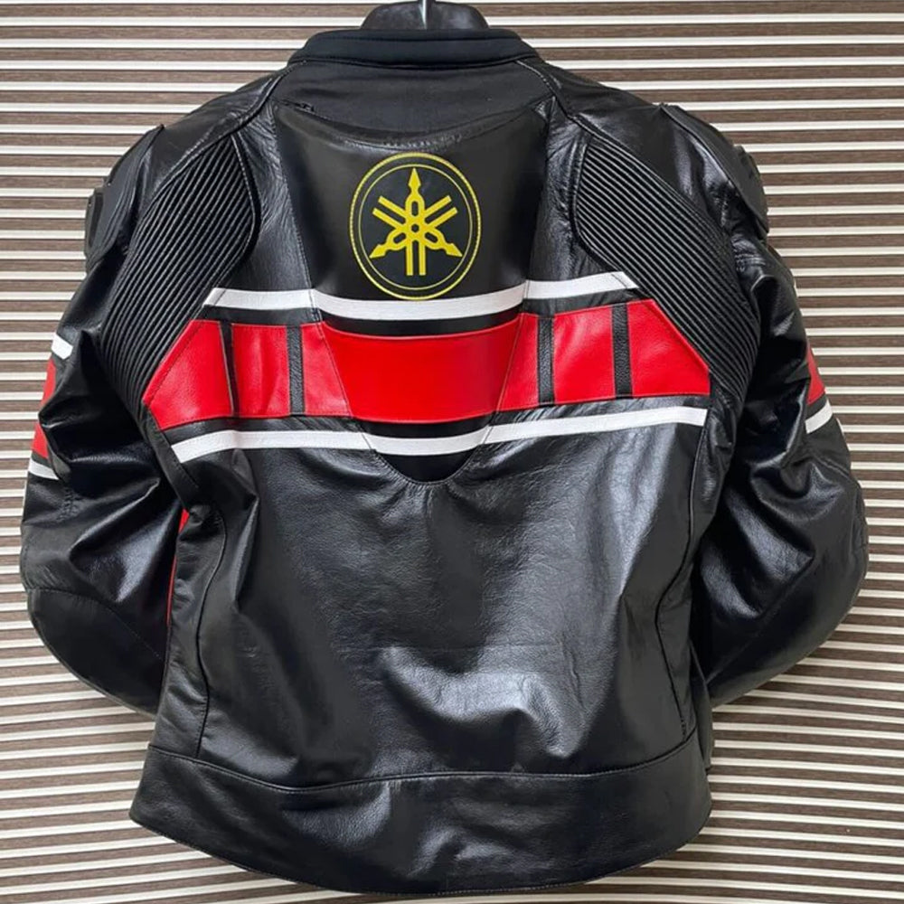 Back view of Black Yamaha Racing Motorcycle Leather Jacket showing sleek racing style and stitching