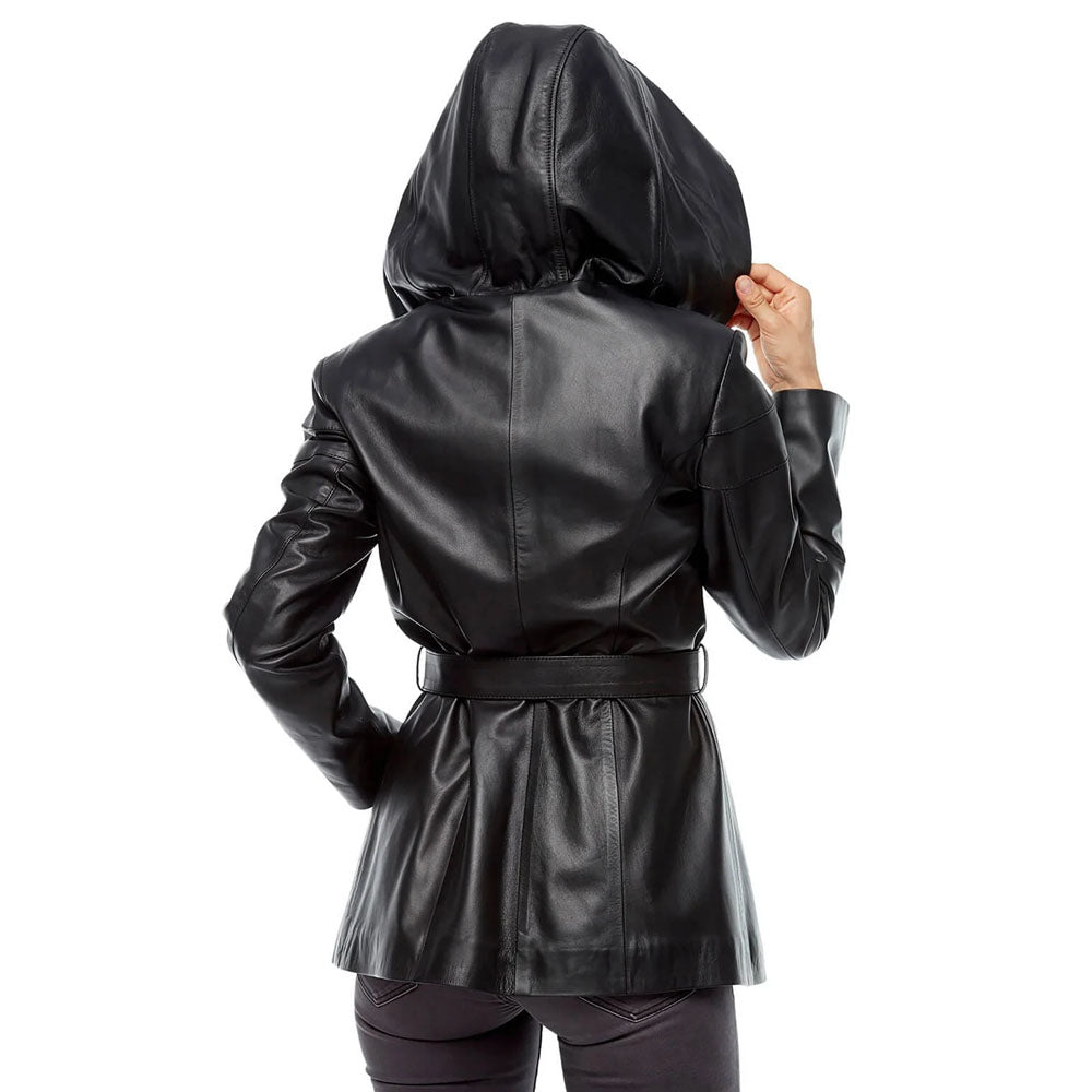 Women's Black Superior Quality Sheepskin Belted Hooded Leather Trench Coat