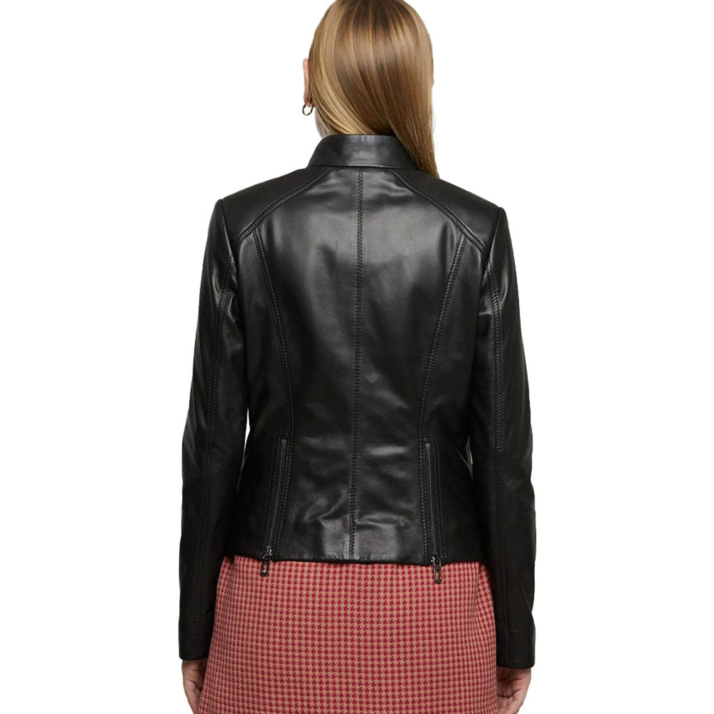 Women Black Motorbike Sheepskin Leather Jacket with Adjustable Zippers