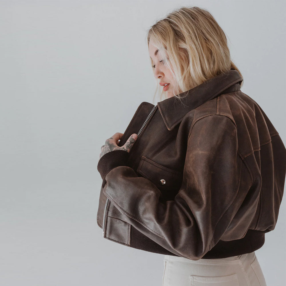Women Bomber Distressed Brown Oversized Pockets Leather Jacket