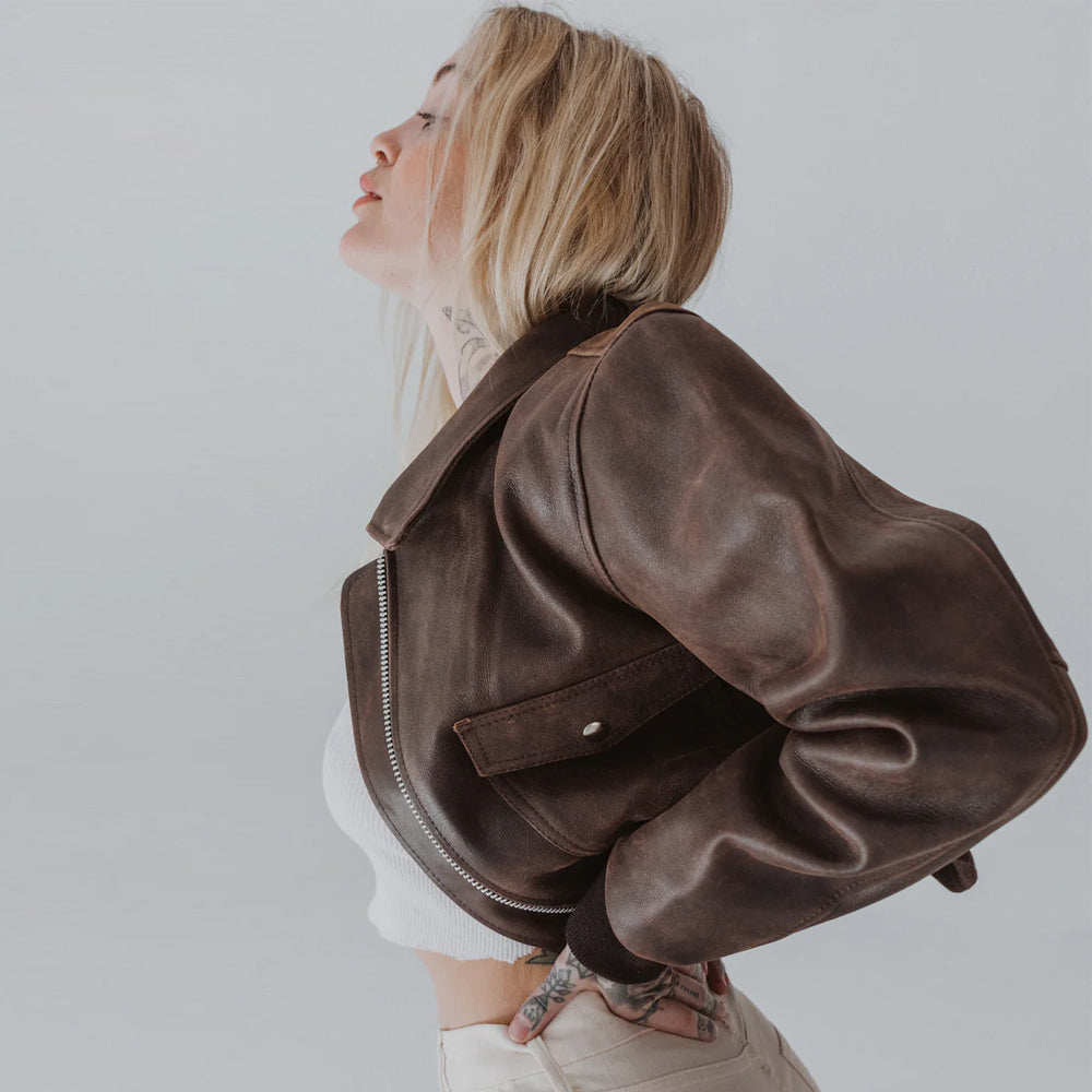 Women Bomber Distressed Brown Oversized Pockets Leather Jacket