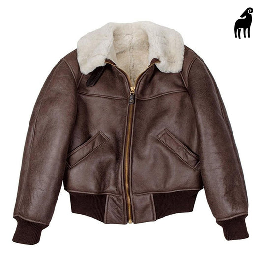 New Men Brown Shearling Leather Bomber Jacket