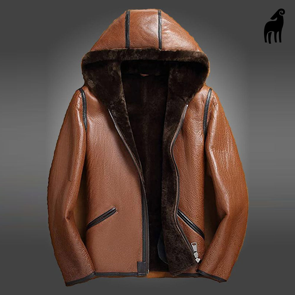 Men's Brown Shearling Leather Jacket With Hooded