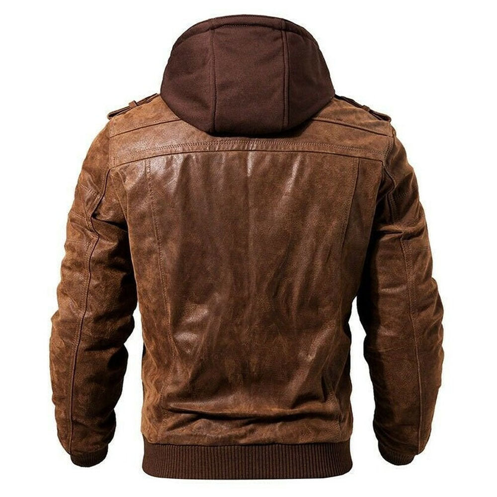 New Men Brown Biker Leather Jacket With Hooded