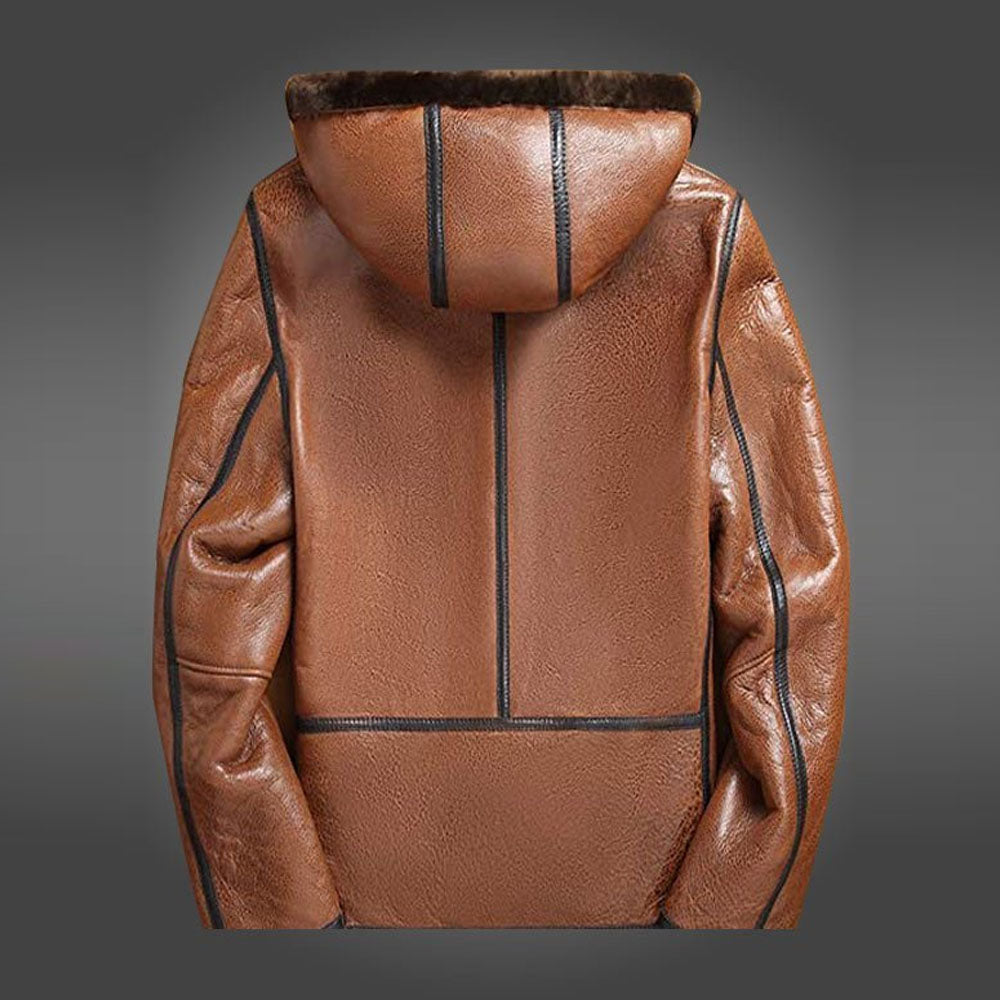 Men's Brown Shearling Leather Jacket With Hooded