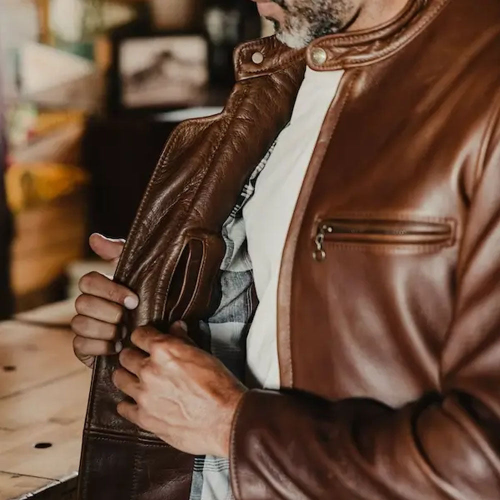 New Men Brown Cowhide Biker Waxed Leather Jacket