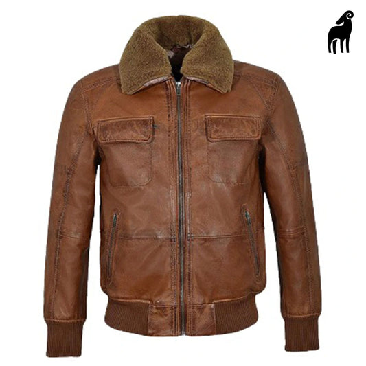 New Men Pilot Brown Fur Leather Bomber Jacket