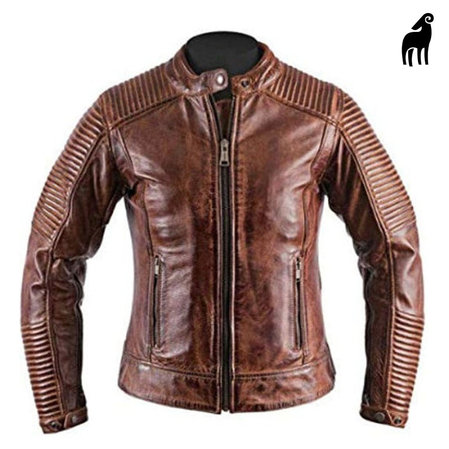 Men's brown cafe racer leather jacket with streamlined motorcycle silhouette