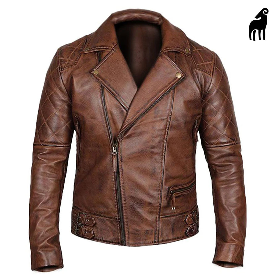 Men's brown leather flight jacket with zip front and motorcycle-inspired styling
