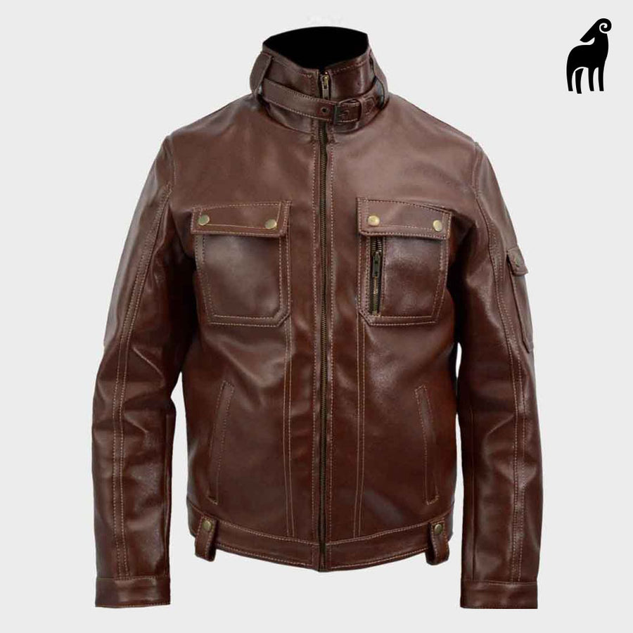 Men's brown lambskin trucker leather jacket with structured collar and front pockets