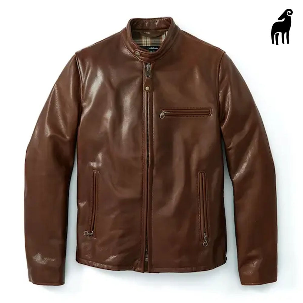 New Men Brown Cowhide Biker Waxed Leather Jacket
