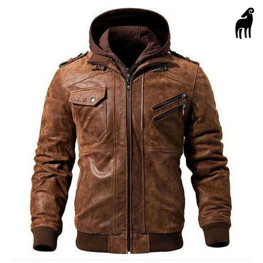 New Men Brown Biker Leather Jacket With Hooded