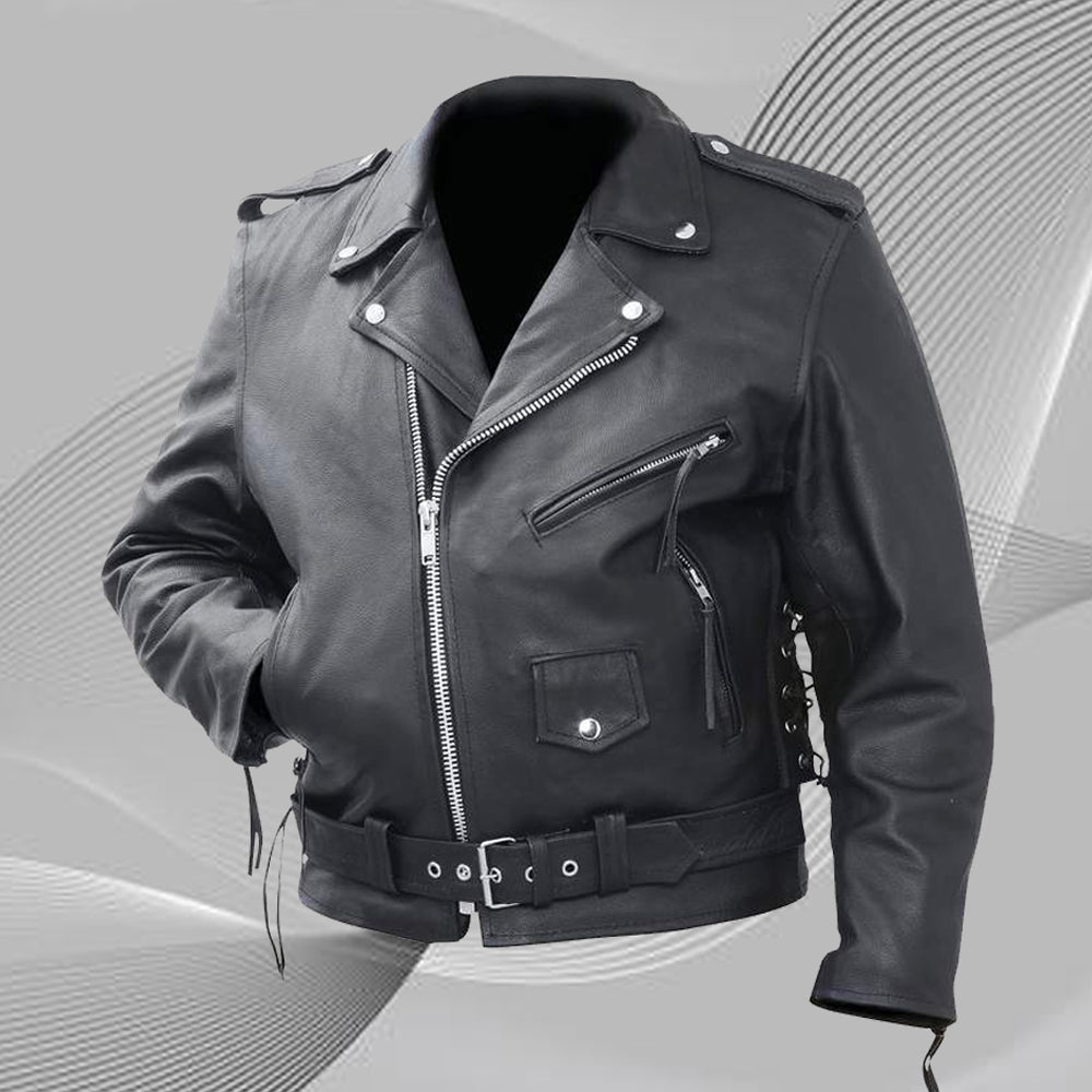 Classic black motorcycle jacket made of genuine cowhide leather, featuring a front zip closure and adjustable side laces for a perfect fit.