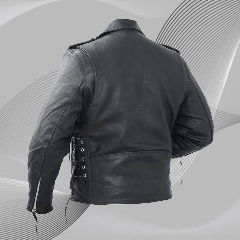 Back view of the black genuine cowhide leather motorcycle jacket, showcasing its sleek design and durable construction for ultimate protection.