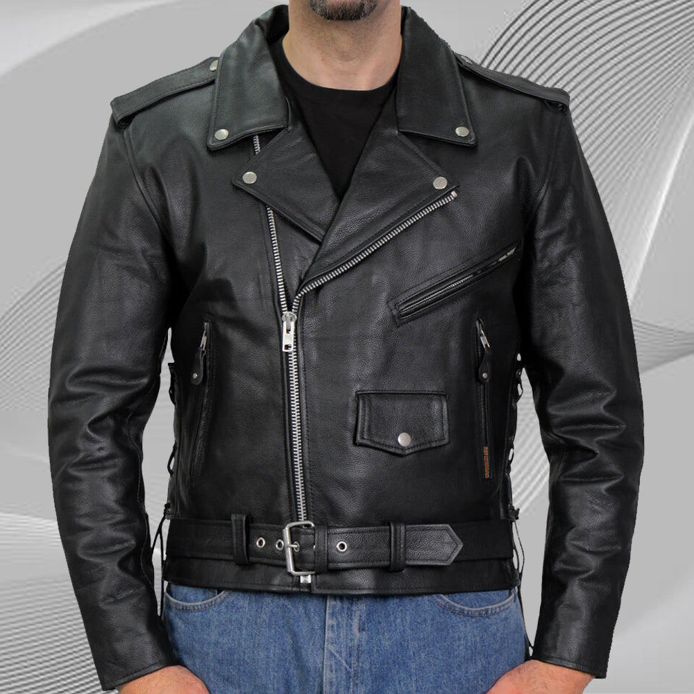 Model wearing the black classic motorcycle jacket, showcasing the stylish front design, zippered pockets, and waist belt.