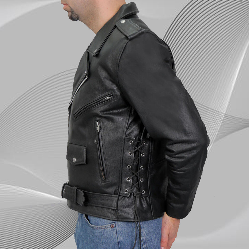 Model wearing the black genuine cowhide leather motorcycle jacket, highlighting the side profile with adjustable laces for a tailored fit.