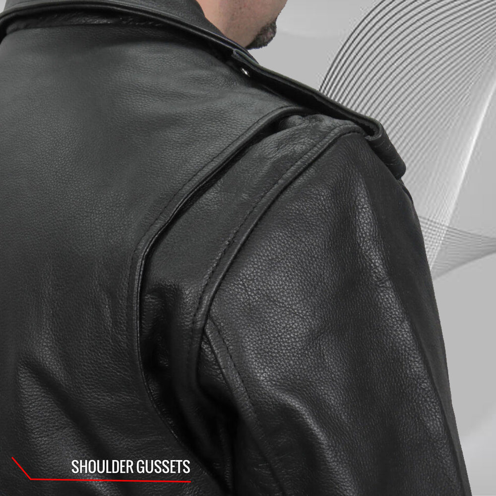 Close-up of the model wearing the motorcycle jacket, highlighting the stylish shoulder gussets and rugged leather design for added mobility.