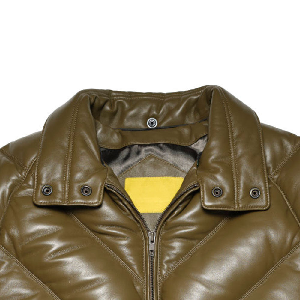 Close up of The Khaki V-Bomber shown without the shearling collar for a clean, stand-collar leather look.