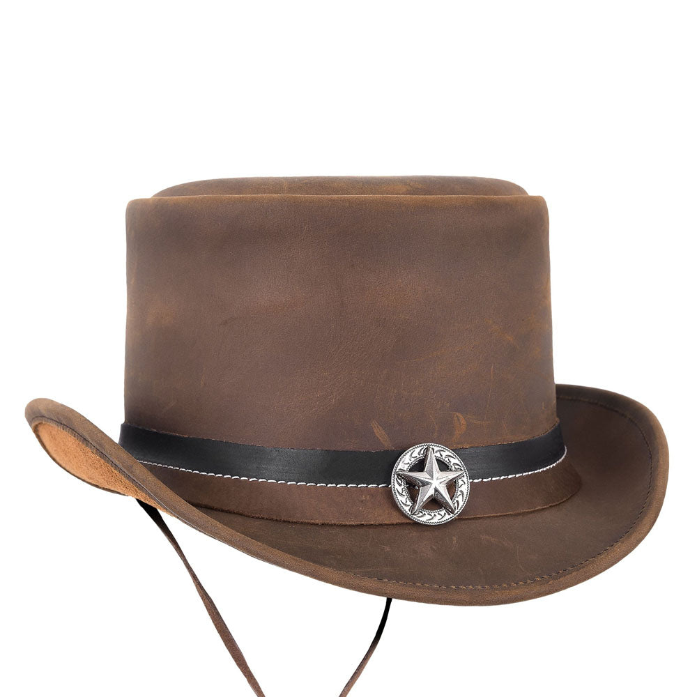 Brown Western Vintage Cowhide Leather Cowboy Hat With Decorative Star Hatband