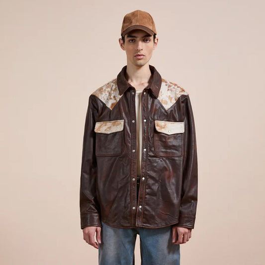 Front view of Men’s Genuine Leather Cowboy Western Shirt in Brown