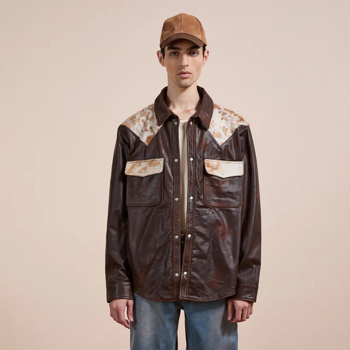 Men's distressed brown cowhide Western leather shirt with contrast yoke and snap buttons