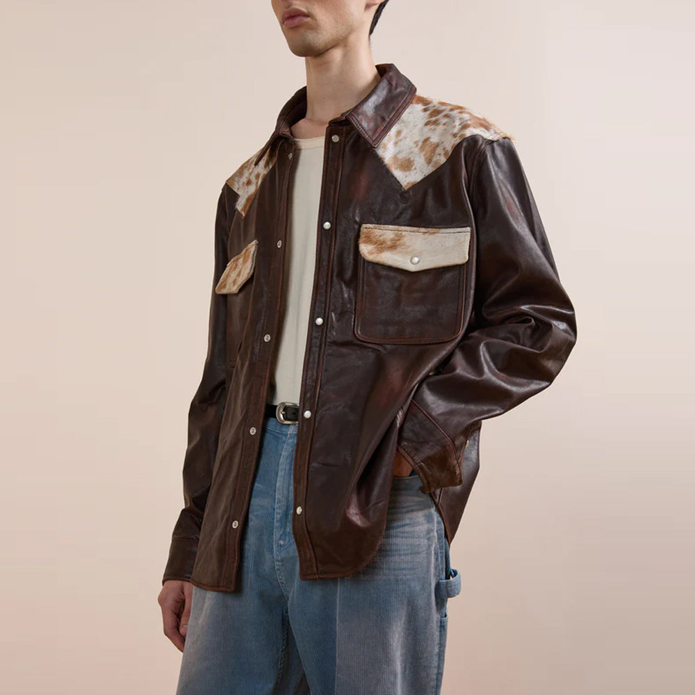 Side View of Men’s Cowhide Leather Western Shirt with Snap Buttons