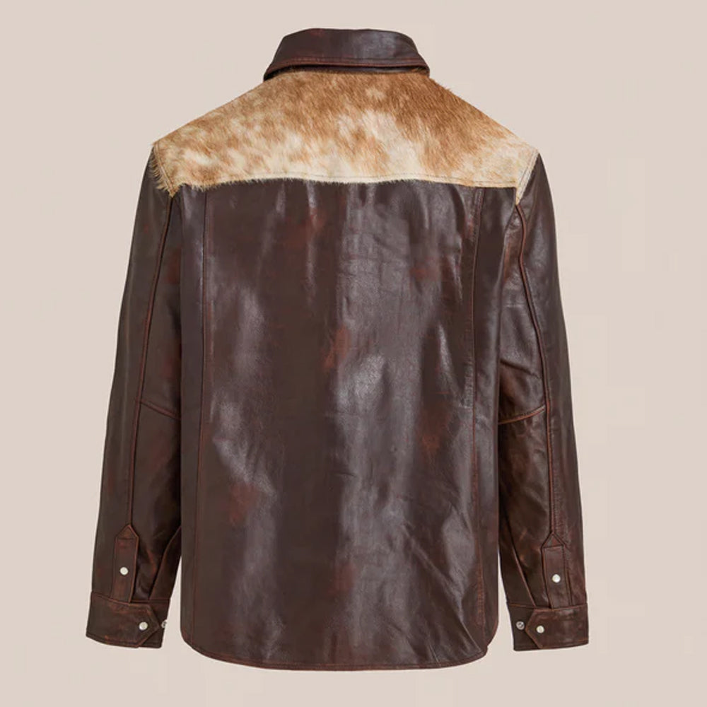 Brown leather jacket with fur-trimmed collar on a beige background