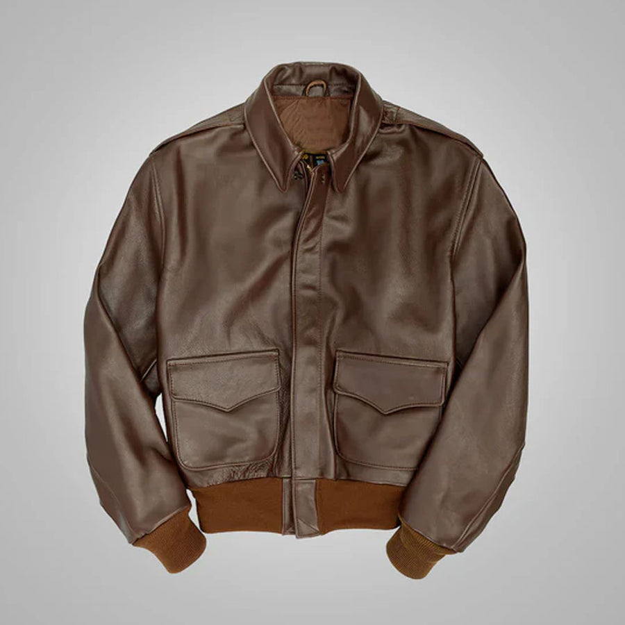 Men's brown B-3 sheepskin leather flight jacket with visible shearling details